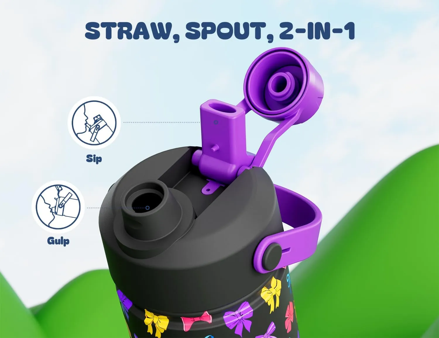 18 oz Water Bottle for Kids: 2-in-1 Straw Spout Lid, Insulated Stainless Steel, BPA-Free, Cupholder Friendly, Easy Clean, Reusable Cup for Park, Trip, Camping, Birthday Gift for Girls (Colorful Bow)