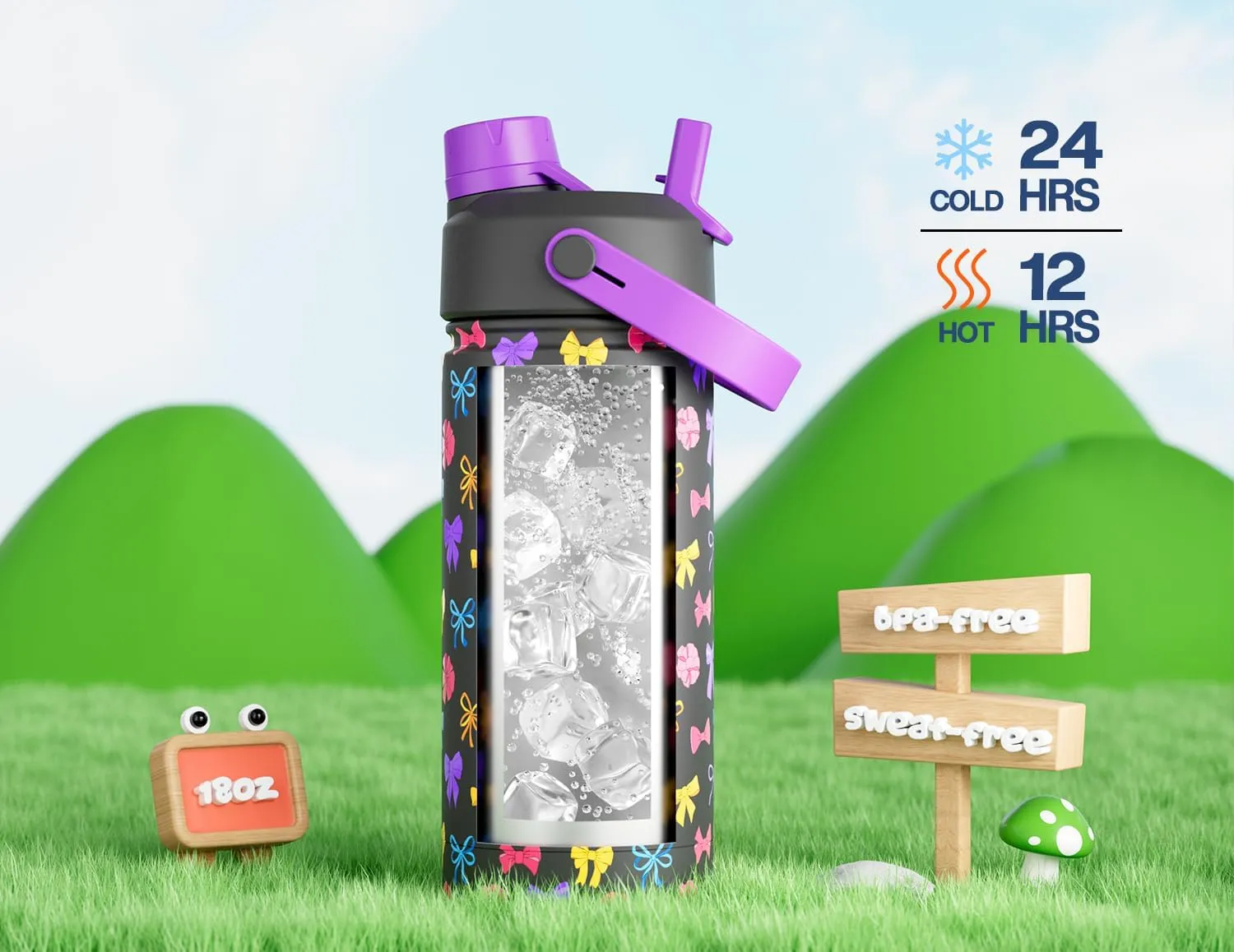 18 oz Water Bottle for Kids: 2-in-1 Straw Spout Lid, Insulated Stainless Steel, BPA-Free, Cupholder Friendly, Easy Clean, Reusable Cup for Park, Trip, Camping, Birthday Gift for Girls (Colorful Bow)