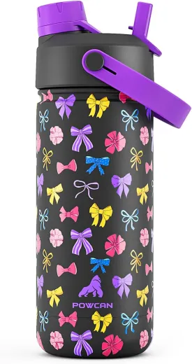 18 oz Water Bottle for Kids: 2-in-1 Straw Spout Lid, Insulated Stainless Steel, BPA-Free, Cupholder Friendly, Easy Clean, Reusable Cup for Park, Trip, Camping, Birthday Gift for Girls (Colorful Bow)