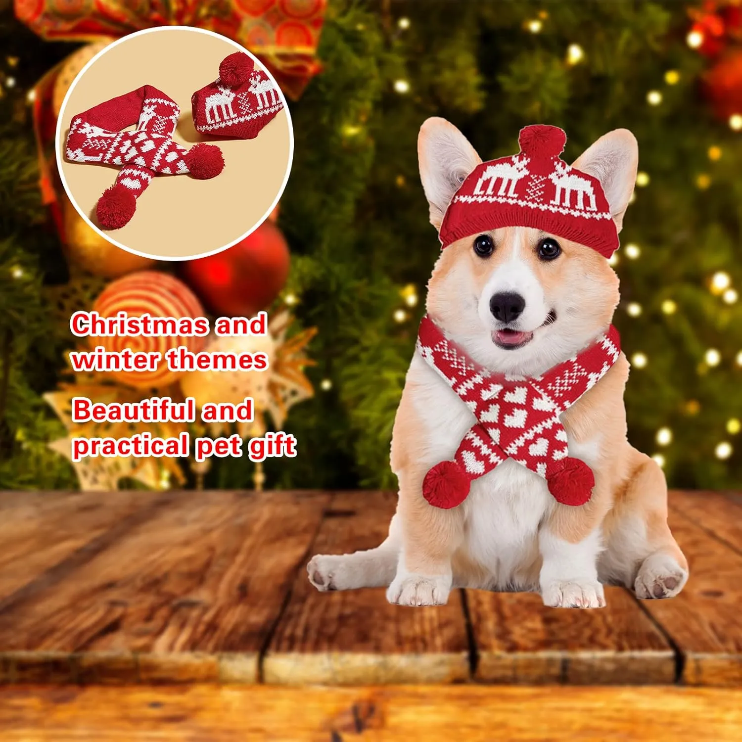 2 Pieces Christmas Pet Hat Scarf Set Winter Warm Puppy Collar Knitting Pet Hat Dog Cat Costume Accessories Adjustable Print Scarf and Hat for Small to Medium Pets (Medium, Deer)
