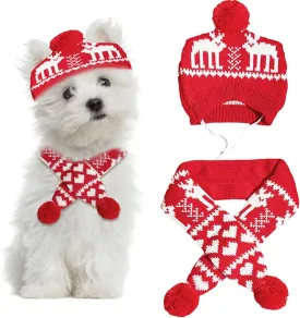 2 Pieces Christmas Pet Hat Scarf Set Winter Warm Puppy Collar Knitting Pet Hat Dog Cat Costume Accessories Adjustable Print Scarf and Hat for Small to Medium Pets (Medium, Deer)