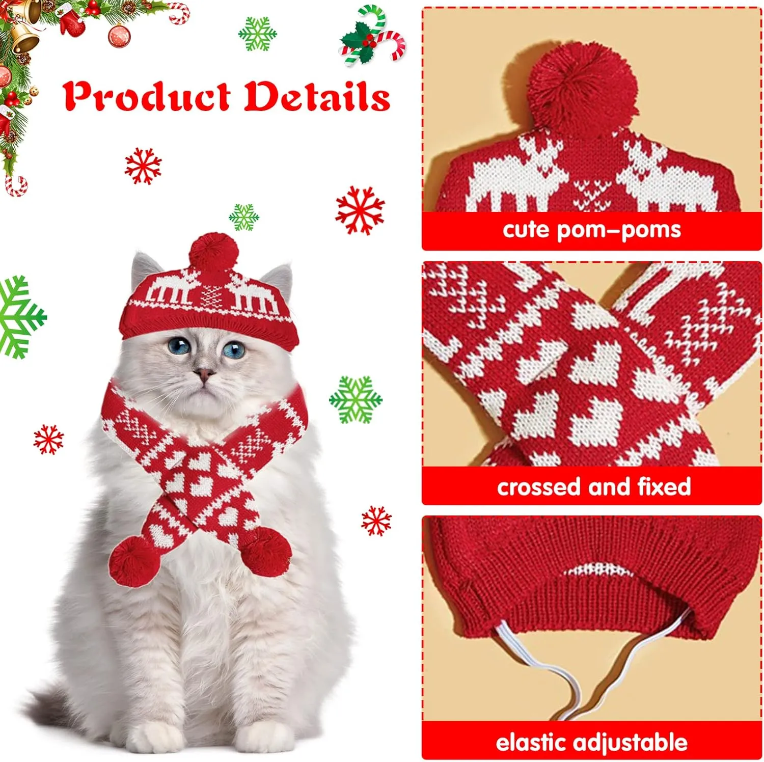 2 Pieces Christmas Pet Hat Scarf Set Winter Warm Puppy Collar Knitting Pet Hat Dog Cat Costume Accessories Adjustable Print Scarf and Hat for Small to Medium Pets (Medium, Deer)
