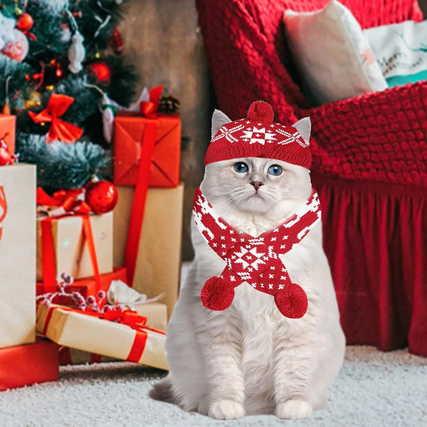 2 Pieces Christmas Pet Hat Scarf Set Winter Warm Puppy Collar Knitting Pet Hat Dog Cat Costume Accessories Adjustable Print Scarf and Hat for Small to Medium Pets (Medium, Snowflake)