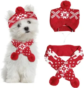 2 Pieces Christmas Pet Hat Scarf Set Winter Warm Puppy Collar Knitting Pet Hat Dog Cat Costume Accessories Adjustable Print Scarf and Hat for Small to Medium Pets (Medium, Snowflake)