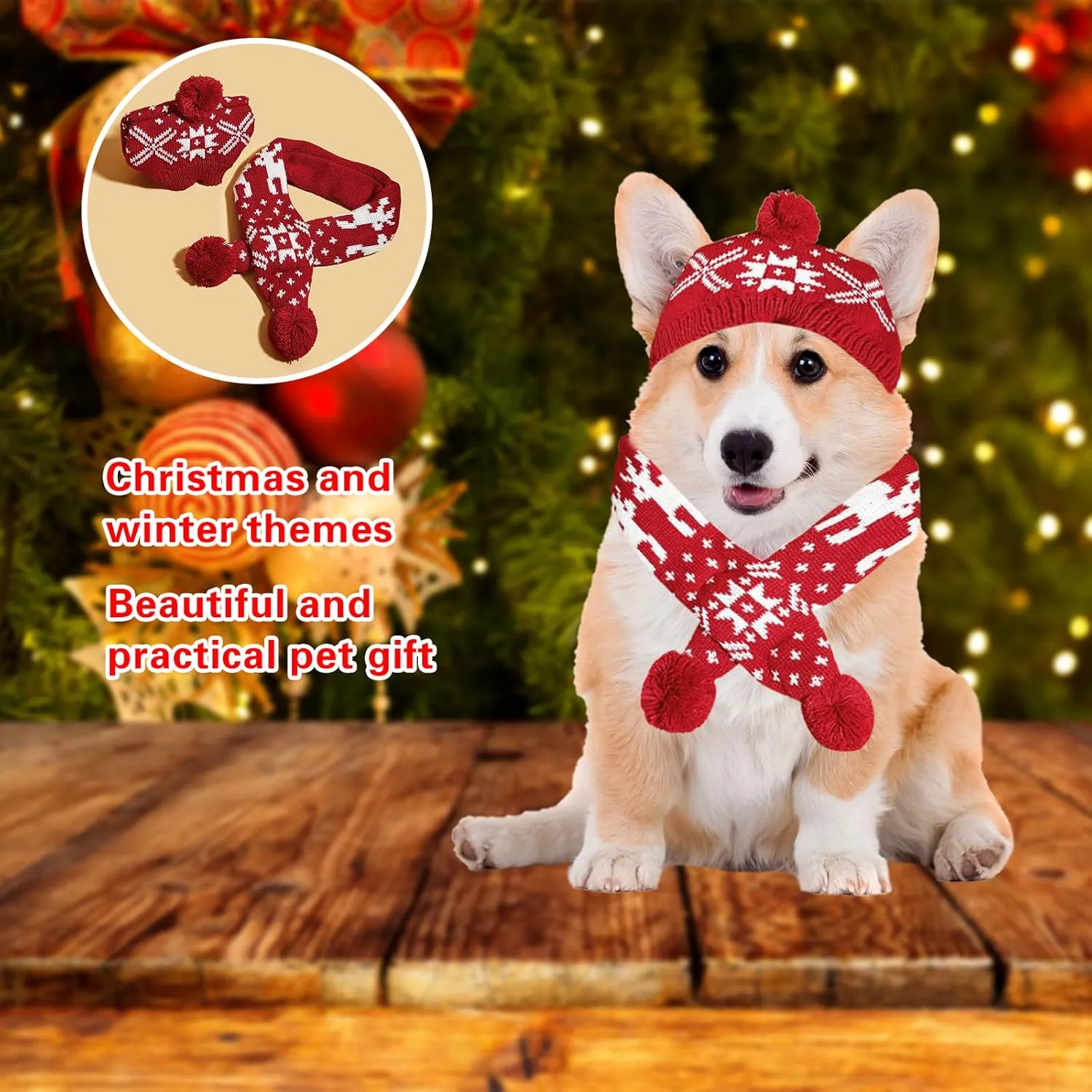 2 Pieces Christmas Pet Hat Scarf Set Winter Warm Puppy Collar Knitting Pet Hat Dog Cat Costume Accessories Adjustable Print Scarf and Hat for Small to Medium Pets (Medium, Snowflake)