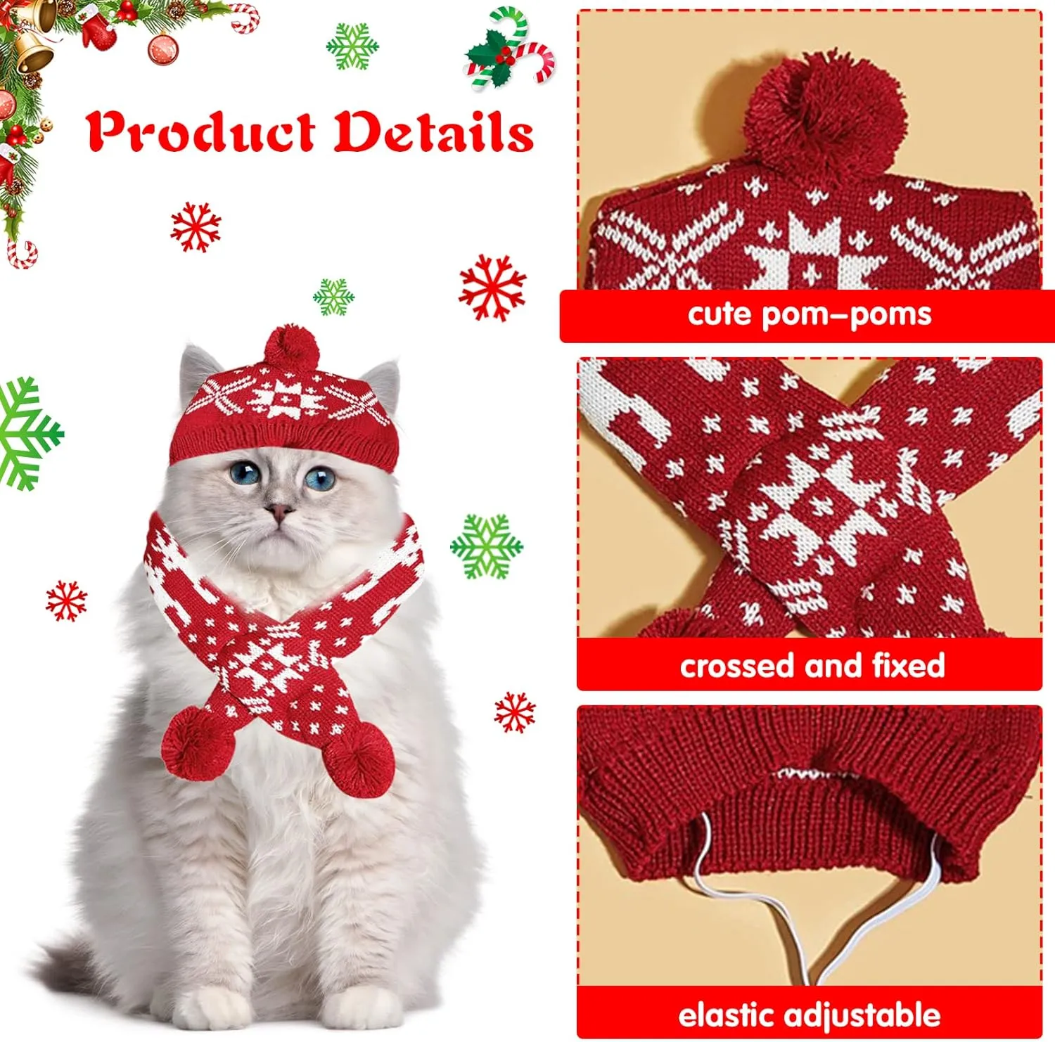 2 Pieces Christmas Pet Hat Scarf Set Winter Warm Puppy Collar Knitting Pet Hat Dog Cat Costume Accessories Adjustable Print Scarf and Hat for Small to Medium Pets (Medium, Snowflake)