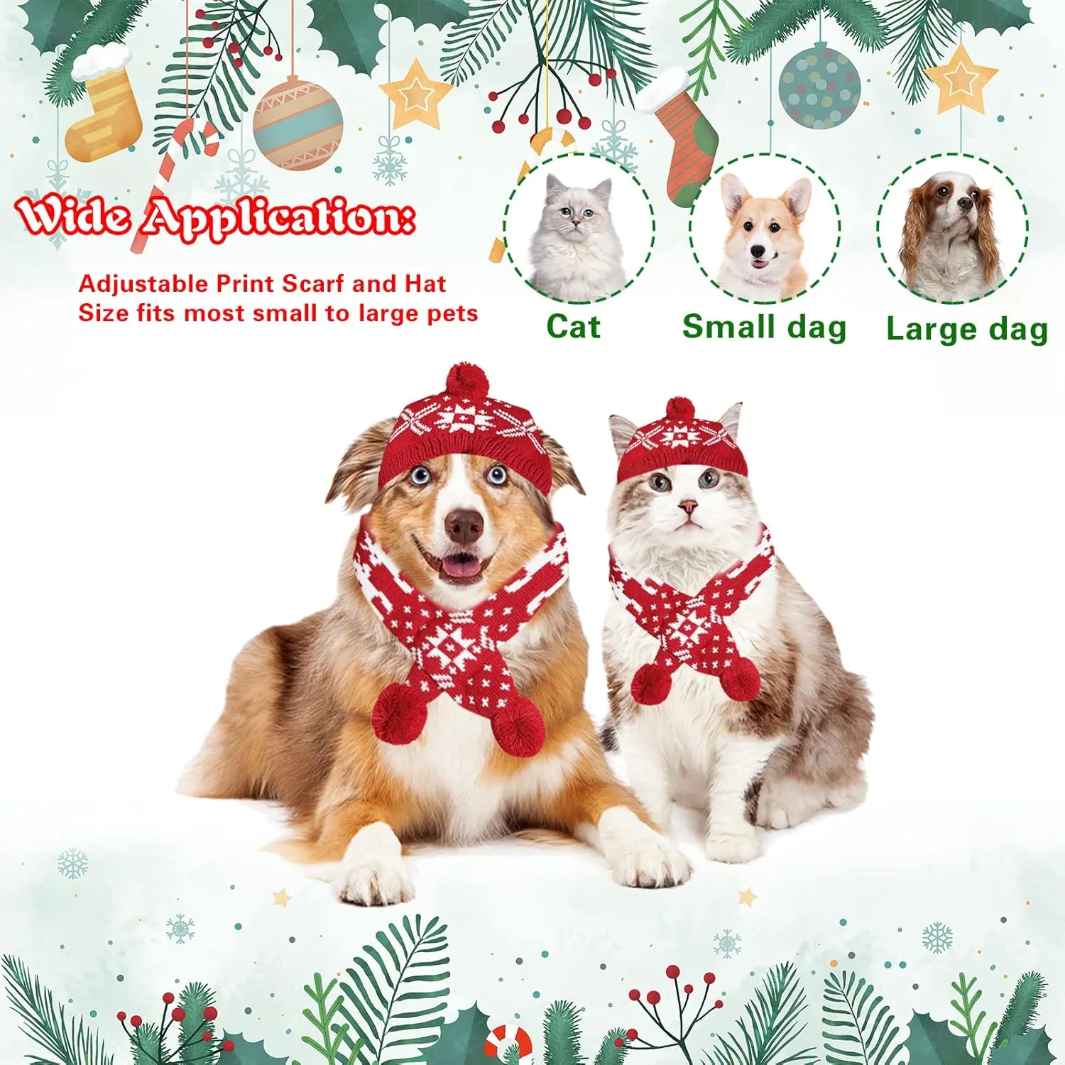 2 Pieces Christmas Pet Hat Scarf Set Winter Warm Puppy Collar Knitting Pet Hat Dog Cat Costume Accessories Adjustable Print Scarf and Hat for Small to Medium Pets (Medium, Snowflake)