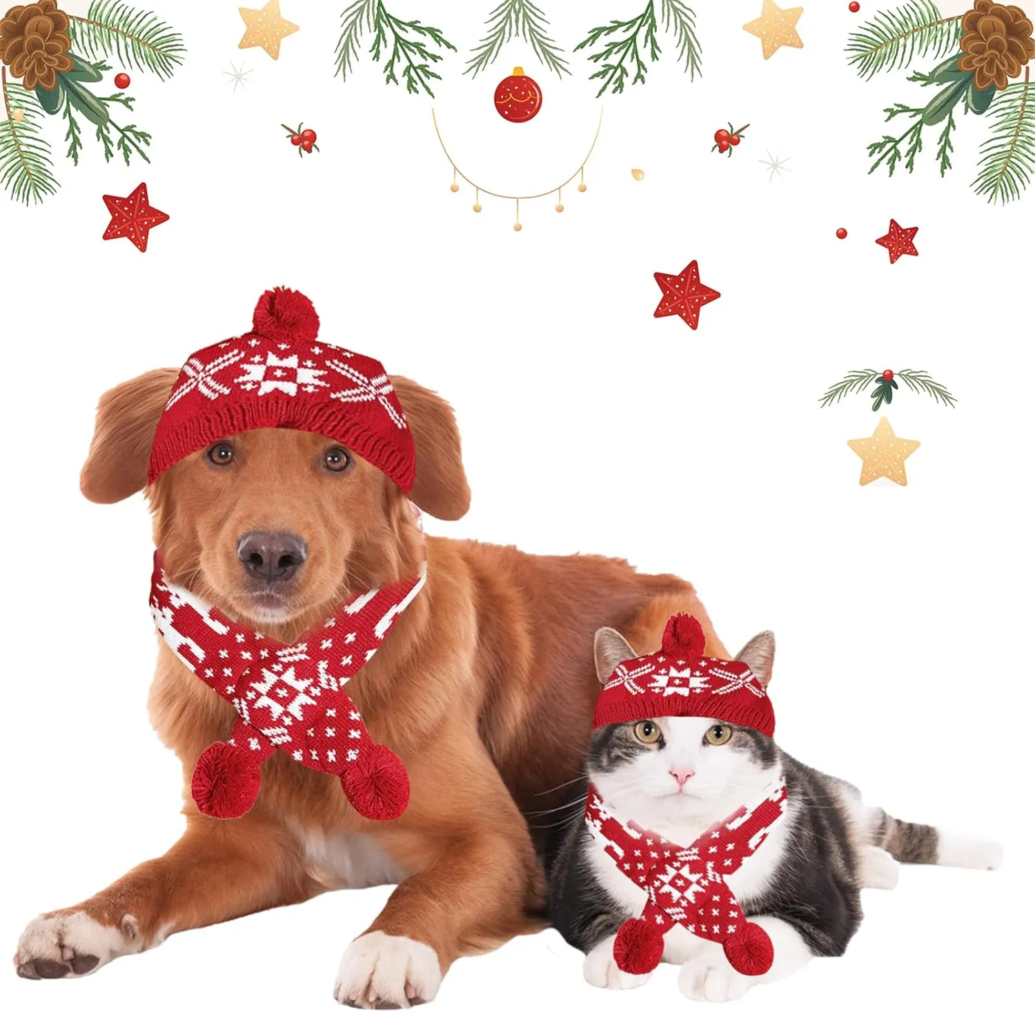 2 Pieces Christmas Pet Hat Scarf Set Winter Warm Puppy Collar Knitting Pet Hat Dog Cat Costume Accessories Adjustable Print Scarf and Hat for Small to Medium Pets (Medium, Snowflake)