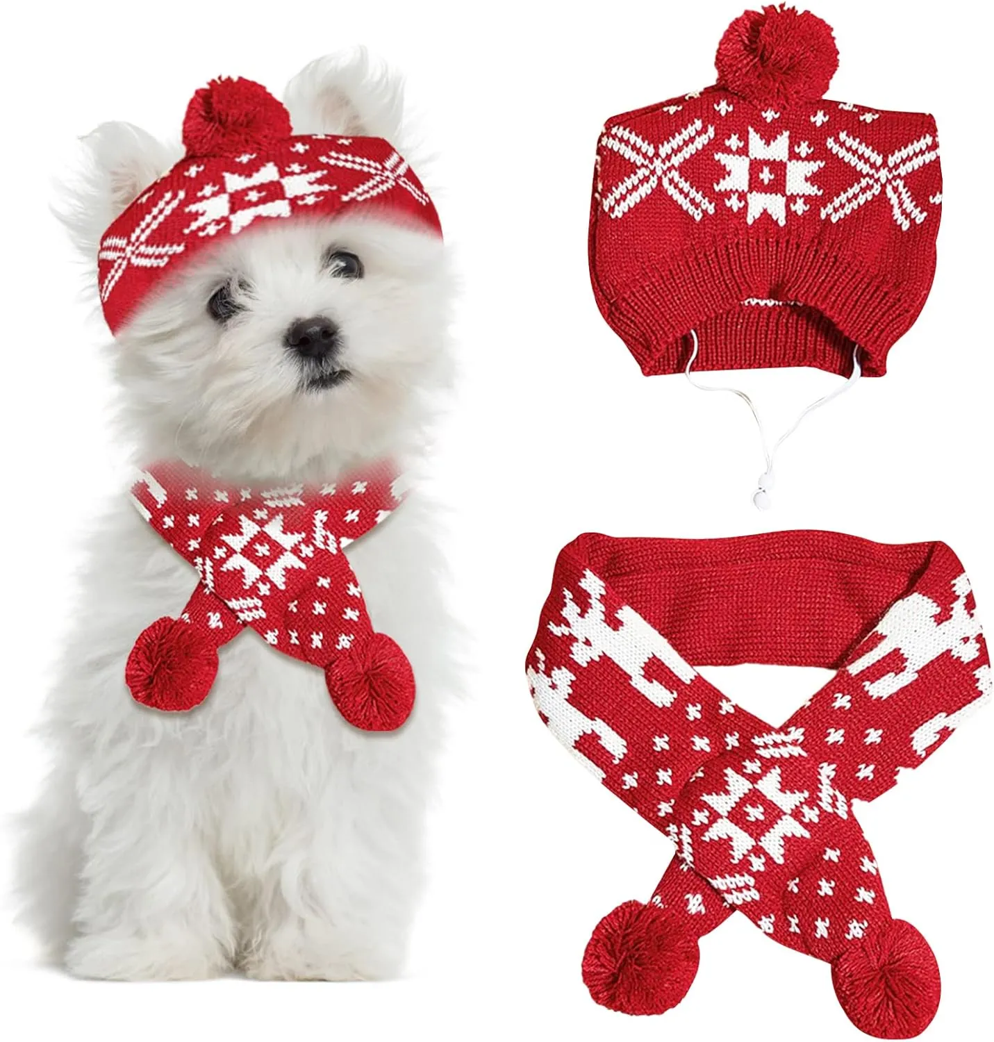 2 Pieces Christmas Pet Hat Scarf Set Winter Warm Puppy Collar Knitting Pet Hat Dog Cat Costume Accessories Adjustable Print Scarf and Hat for Small to Medium Pets (Medium, Snowflake)