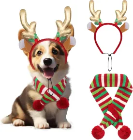 2Pcs Dog Christmas Outfit Dog Reindeer Costume Elk Antlers Headband and Red-White-Green Striped Scarf Set Pet Costumes Accessories for Dogs and Cats