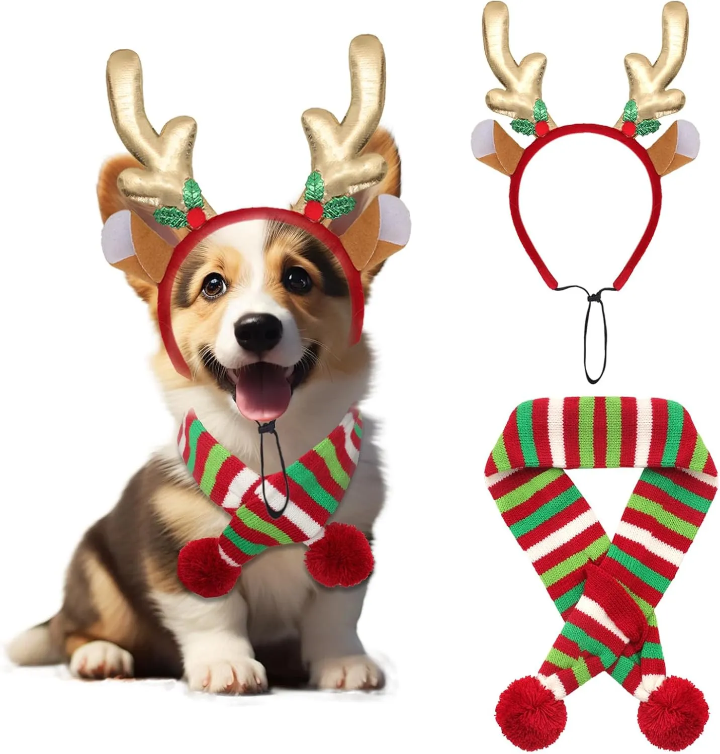 2Pcs Dog Christmas Outfit Dog Reindeer Costume Elk Antlers Headband and Red-White-Green Striped Scarf Set Pet Costumes Accessories for Dogs and Cats