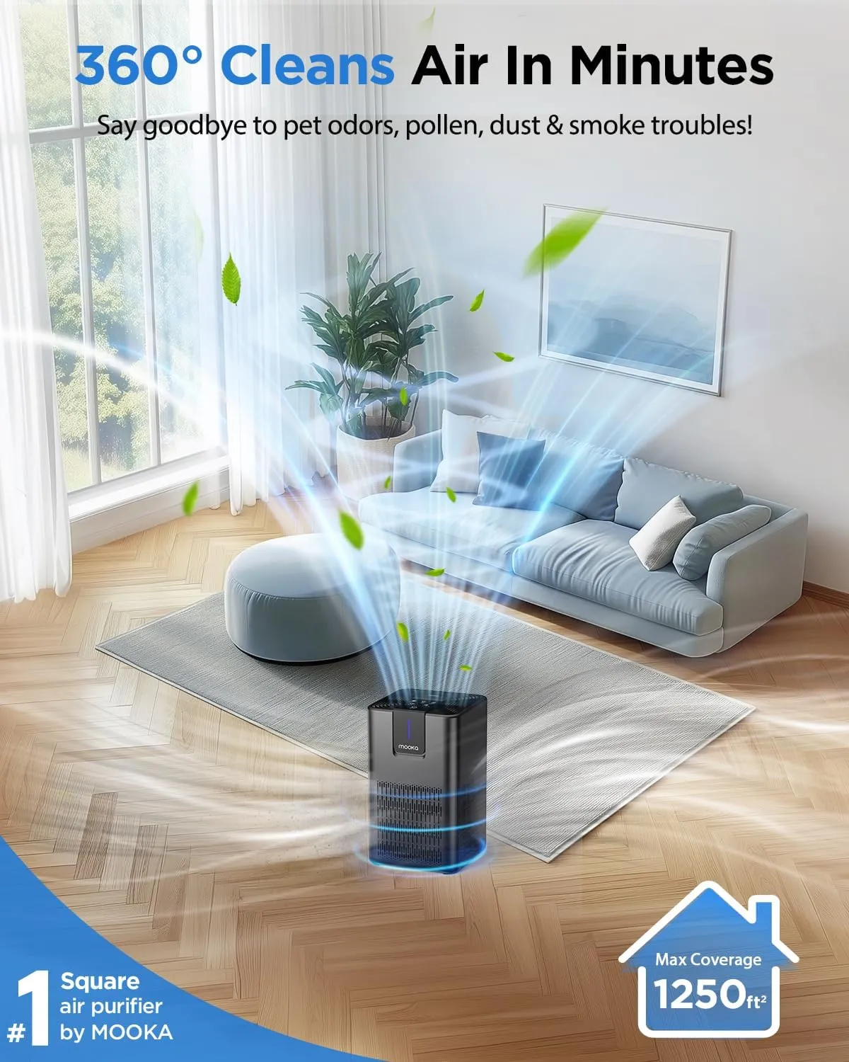 Air Purifiers for Home Large Room Up to 1250 Ft,MOOKA H13 HEPA Air Purifier for Pets Dust Odor Smoke,Aromatherapy Function,Air Cleaner with 15dB Quiet Sleep Mode for Bedroom Office Living Room,Black