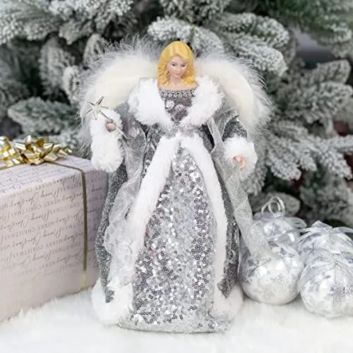 Angel Tree Topper 12 inch Tall Silver and White Dress Indoor Christmas Decoration