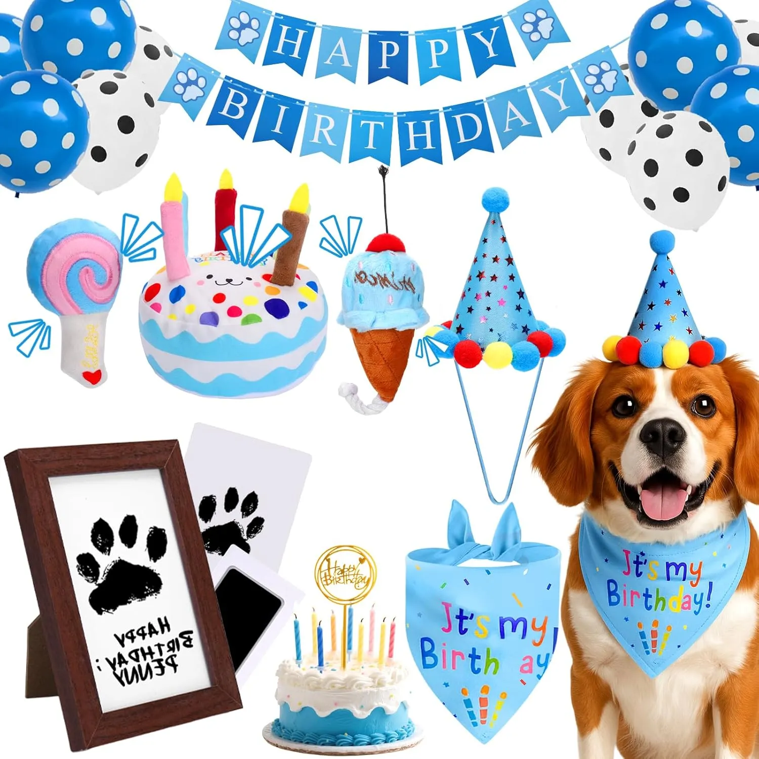 BABORUI Dog Birthday Party Decorations Set  All-in-One Dog Birthday Party Supplies with Paw Print Kits, Squeaky Plush Toys, Balloons Banner Hat Bandana Cake Topper & Photo Frame  Make Best Memories