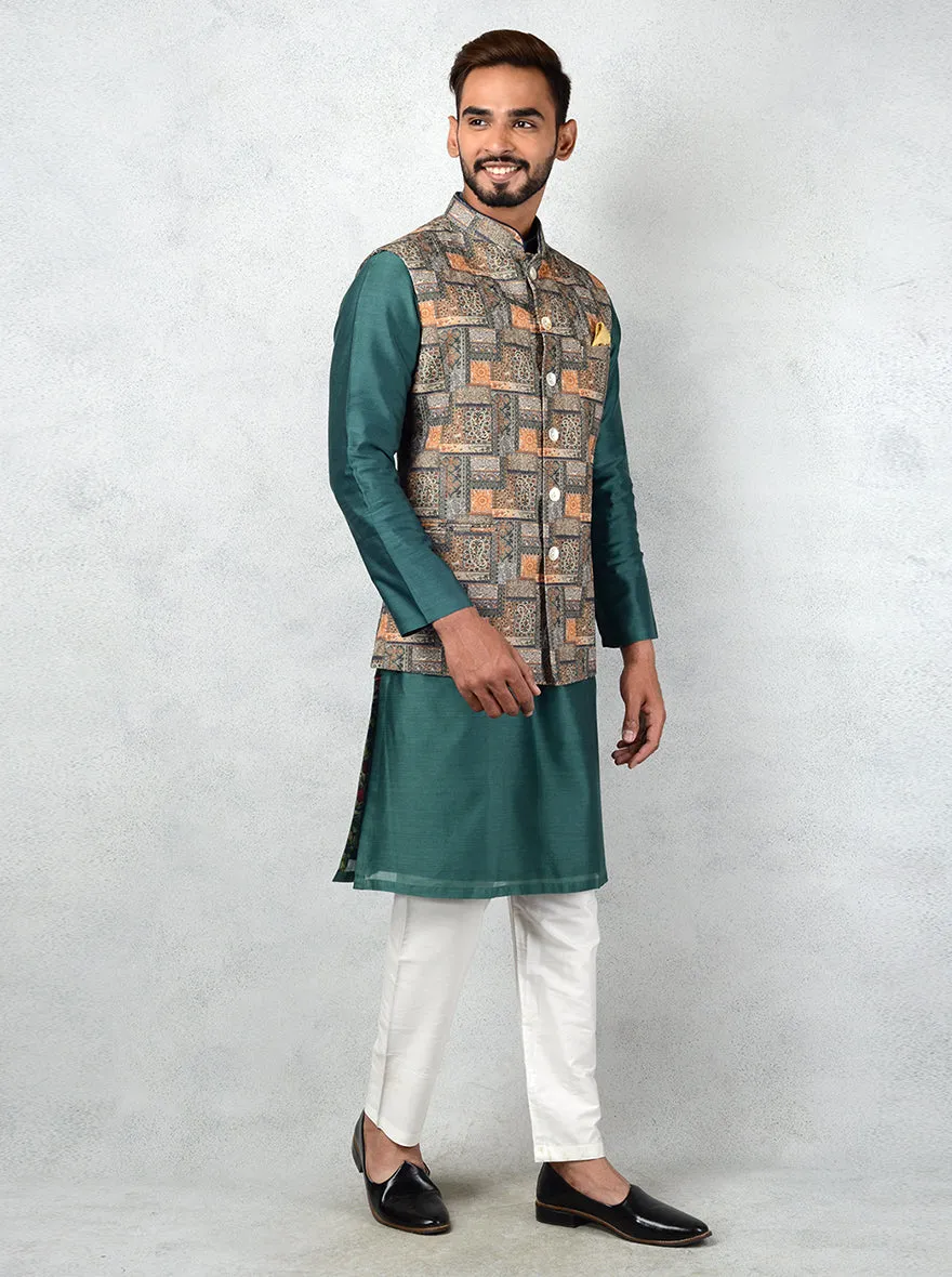 Bottle Green & Yellow Bandhgala Jacket | Azania