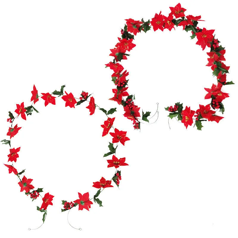 Bulk 8.2 Ft Christmas Poinsettia Garland with Red Holy Berries Wholesale