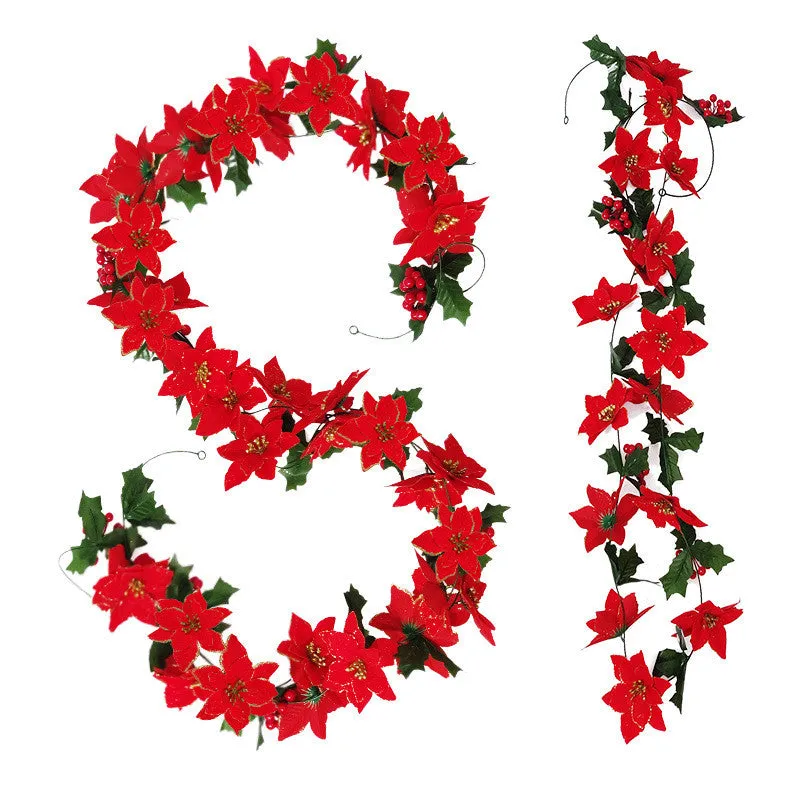 Bulk 8.2 Ft Christmas Poinsettia Garland with Red Holy Berries Wholesale