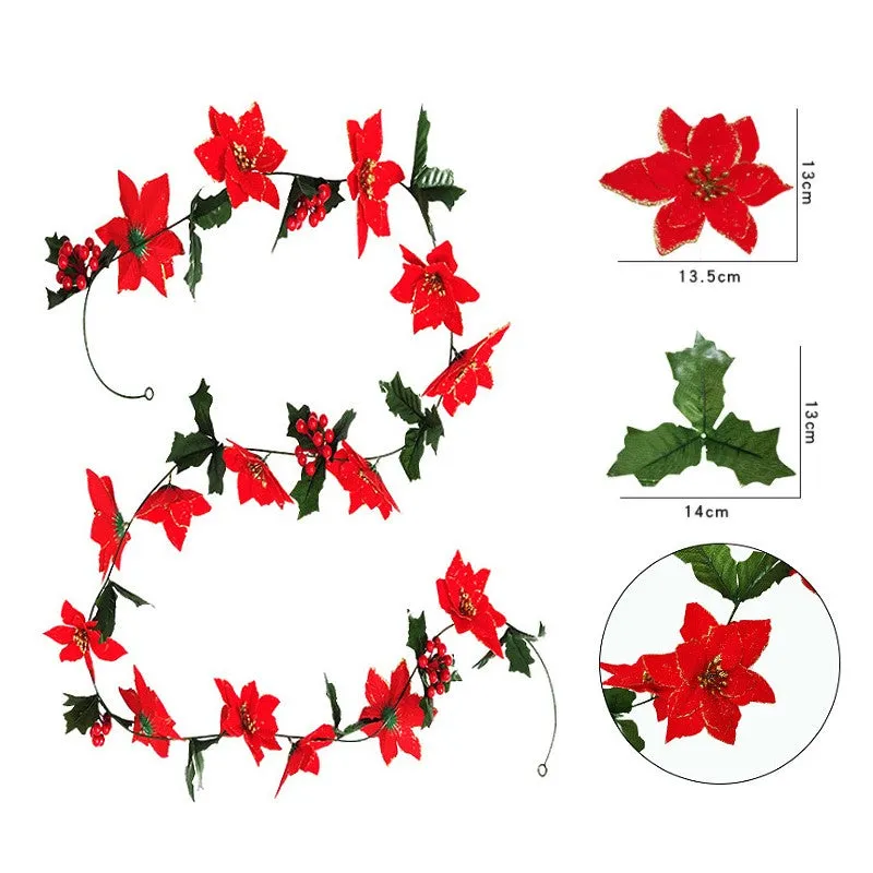 Bulk 98" Poinsettia Garland with Holly Leaves Wholesale