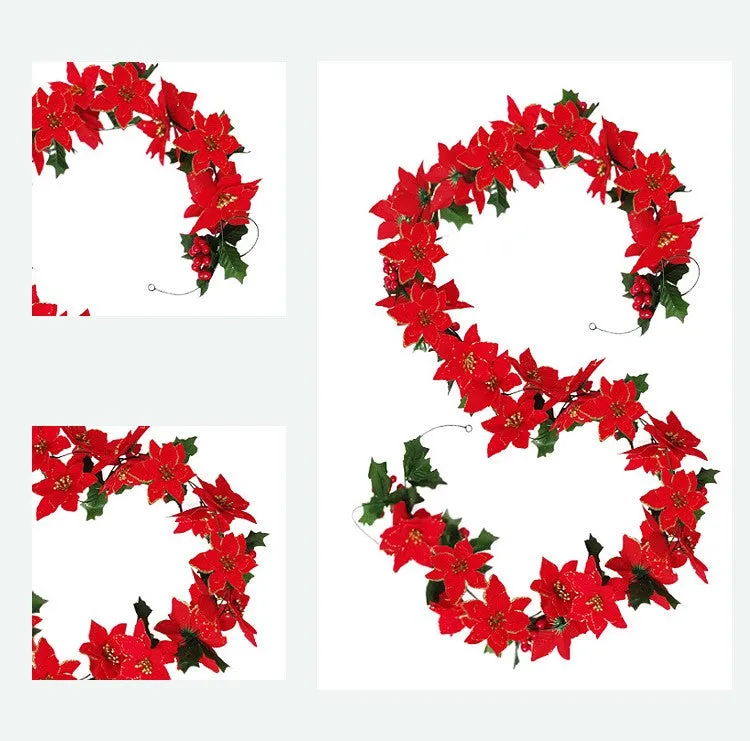 Bulk 98" Poinsettia Garland with Holly Leaves Wholesale