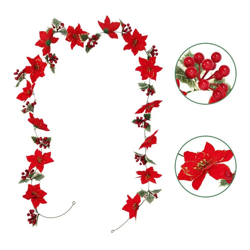 Bulk 98" Poinsettia Garland with Holly Leaves Wholesale