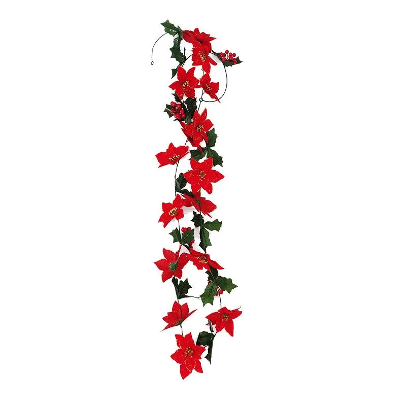 Bulk 98" Poinsettia Garland with Holly Leaves Wholesale