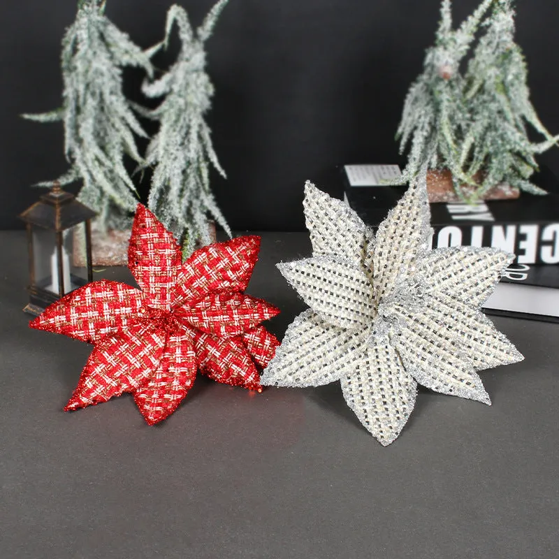 Bulk Glitter Poinsettias Artificial Christmas Flowers Arrangement Decorations for Xmas Tree Garland Rattan Accessories Wholesale
