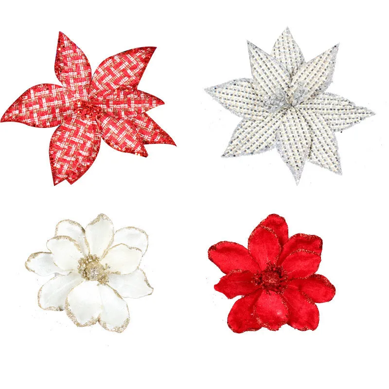 Bulk Glitter Poinsettias Artificial Christmas Flowers Arrangement Decorations for Xmas Tree Garland Rattan Accessories Wholesale