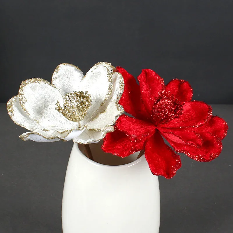 Bulk Glitter Poinsettias Artificial Christmas Flowers Arrangement Decorations for Xmas Tree Garland Rattan Accessories Wholesale