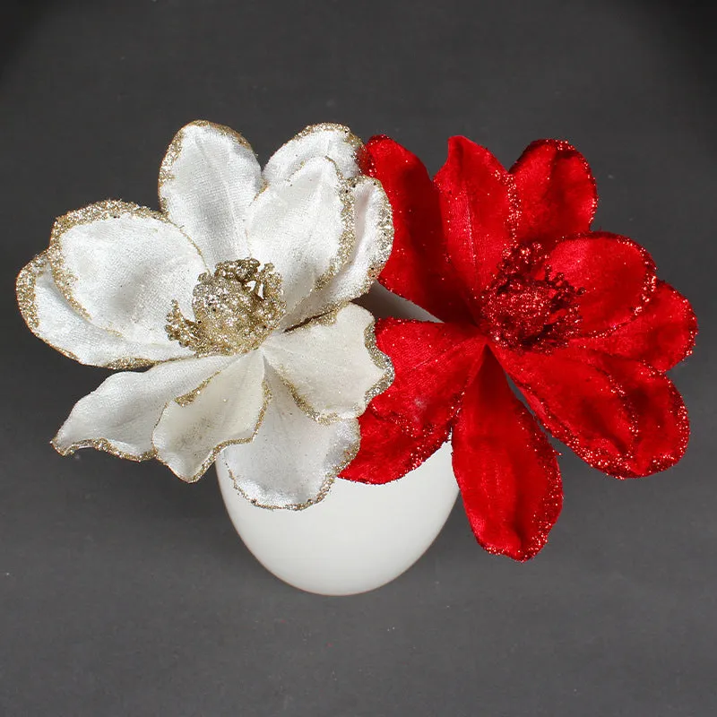 Bulk Glitter Poinsettias Artificial Christmas Flowers Arrangement Decorations for Xmas Tree Garland Rattan Accessories Wholesale