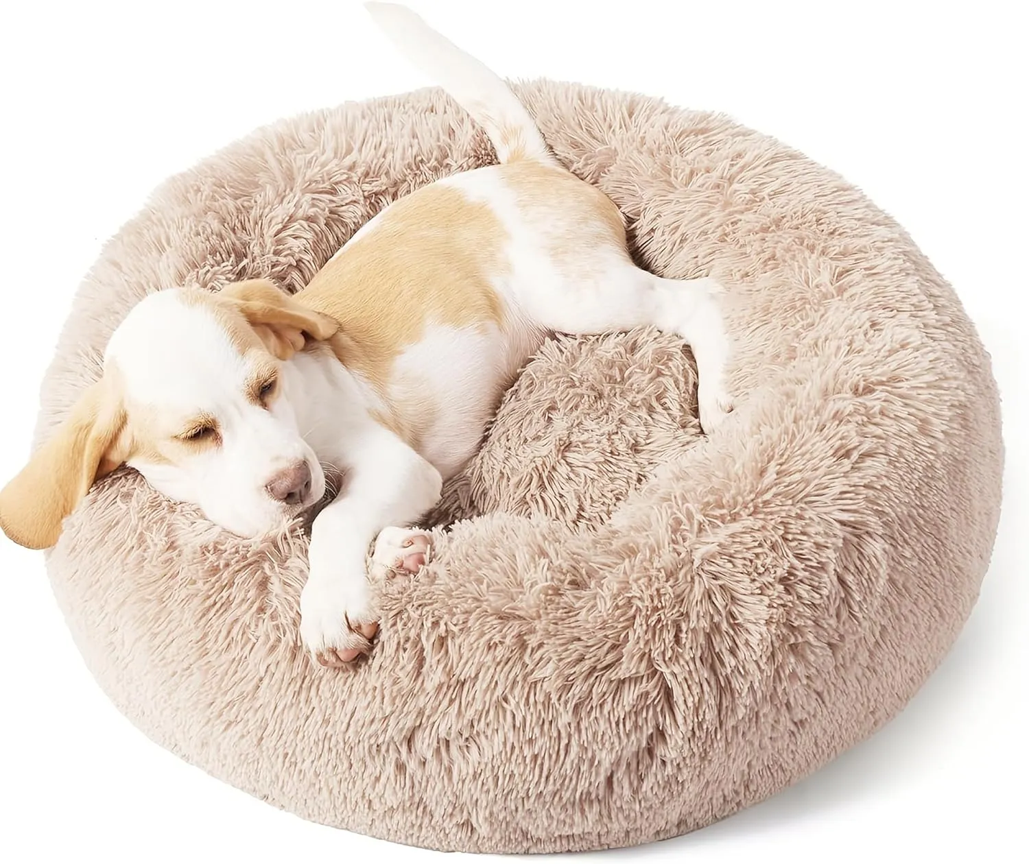 Calming Dog & Cat Bed - Anti-Anxiety Donut Cuddler Warming Cozy Soft Round Bed, Washable Fluffy Faux Fur Plush Cushion for Small & Medium Dogs & Cats, Removable Pad (Brown, 32 * 32IN - Below 75LB pet)