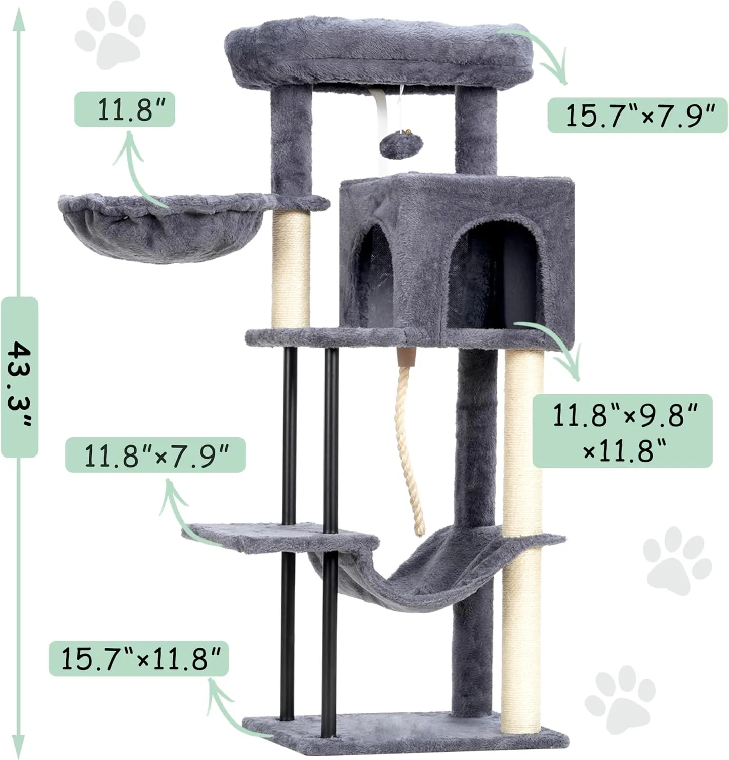 Cat Tree, Cat Tower for Indoor Cats, 43.3 inch Cat Tree Tower with Sturdy Steel Tube, Hammock, Cat Condo for Small Cats and Kittens, Scratching Post, Smoky Gray GCT004SG