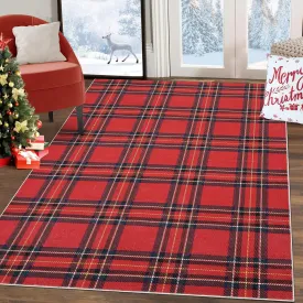 Christmas Washable Area Rug Xmas Buffalo Plaid Area Rugs Holiday Decorative Gingham Check Floor Cover Non-Slip Stain Resistant Accent Rug Farmhouse Dining Bedroom Decor, Red, 4' x 6'