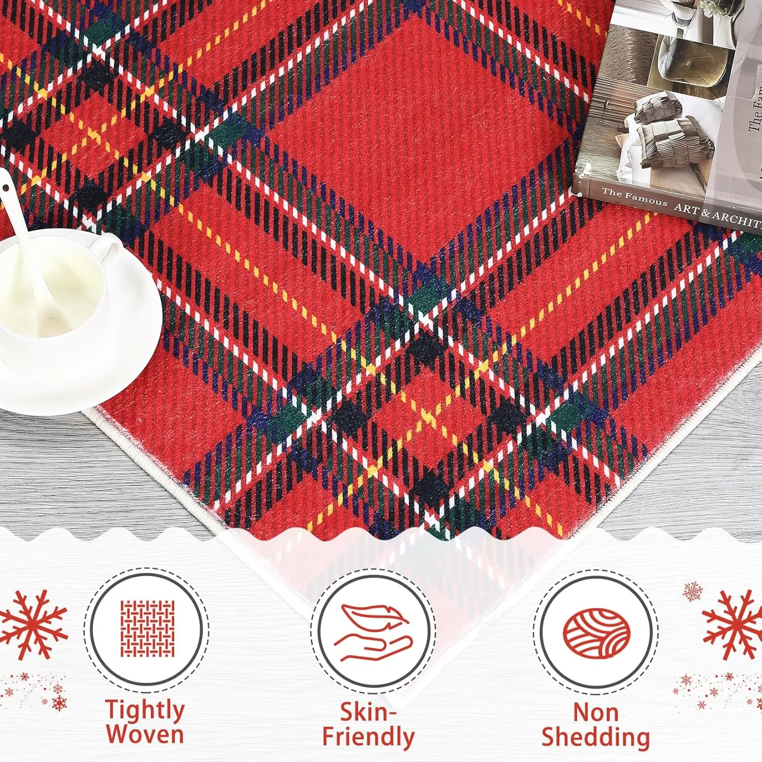 Christmas Washable Area Rug Xmas Buffalo Plaid Area Rugs Holiday Decorative Gingham Check Floor Cover Non-Slip Stain Resistant Accent Rug Farmhouse Dining Bedroom Decor, Red, 4' x 6'