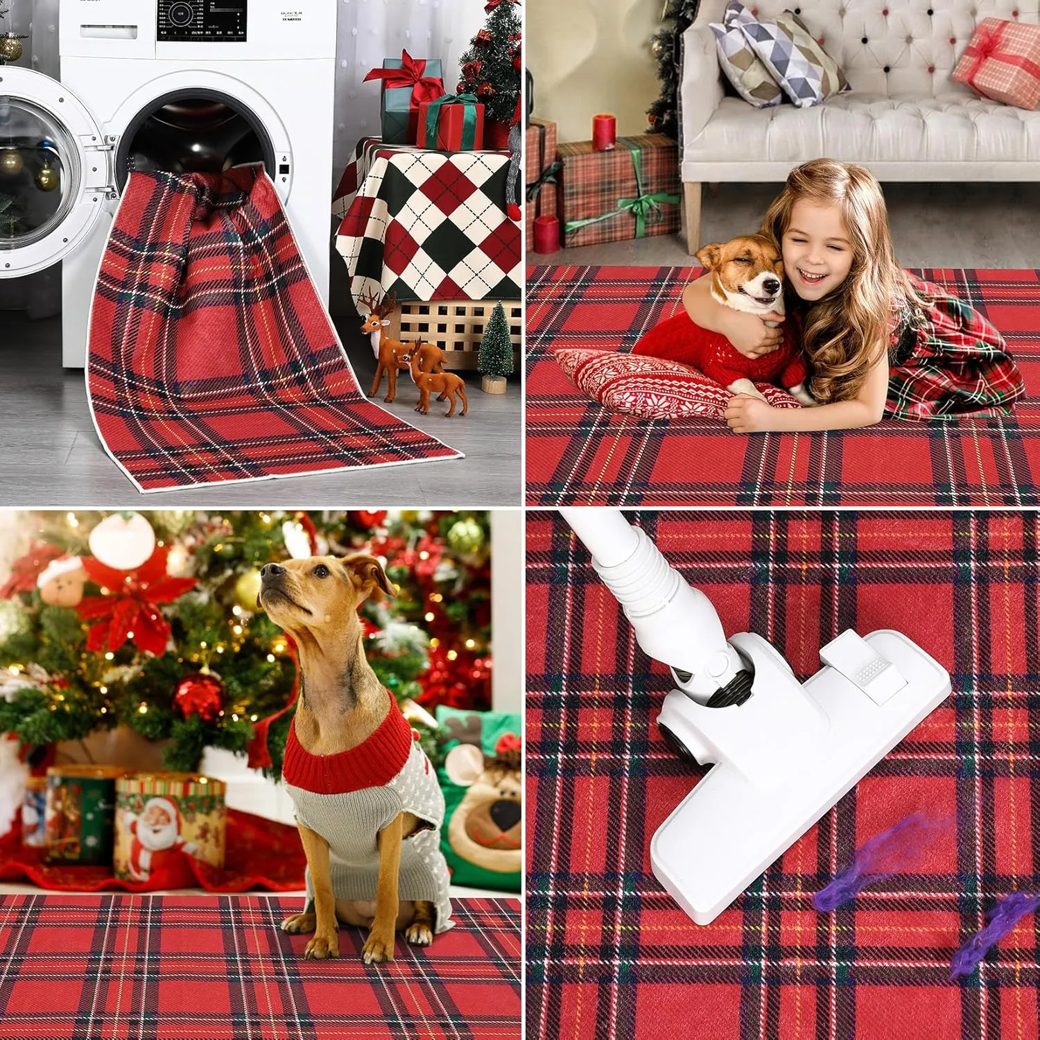 Christmas Washable Area Rug Xmas Buffalo Plaid Area Rugs Holiday Decorative Gingham Check Floor Cover Non-Slip Stain Resistant Accent Rug Farmhouse Dining Bedroom Decor, Red, 4' x 6'