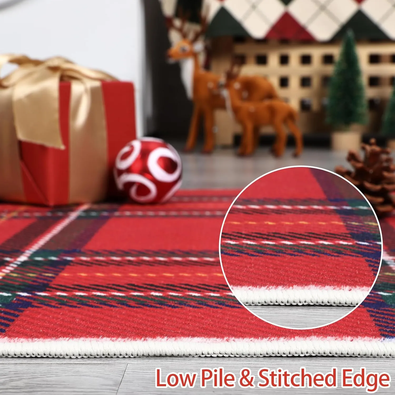Christmas Washable Area Rug Xmas Buffalo Plaid Area Rugs Holiday Decorative Gingham Check Floor Cover Non-Slip Stain Resistant Accent Rug Farmhouse Dining Bedroom Decor, Red, 4' x 6'