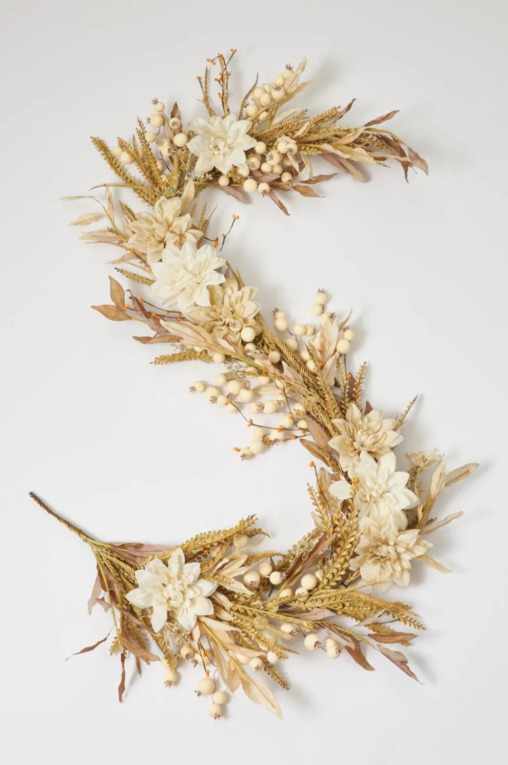 Cream Dried-Look Olive Leaf, Dahlia & Weathered Crabapple Fall Mantel Garland Table Runner