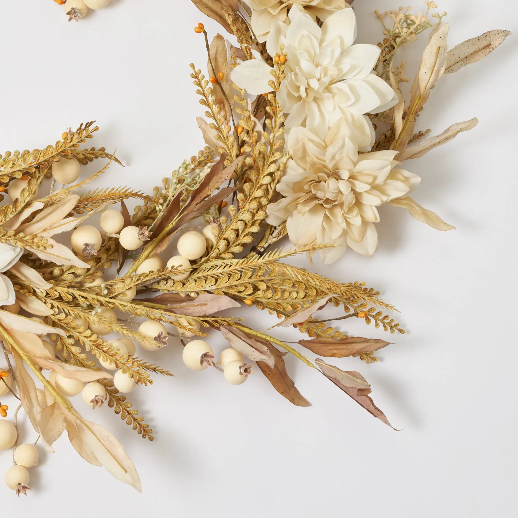 Cream Dried-Look Olive Leaf, Dahlia & Weathered Crabapple Fall Mantel Garland Table Runner