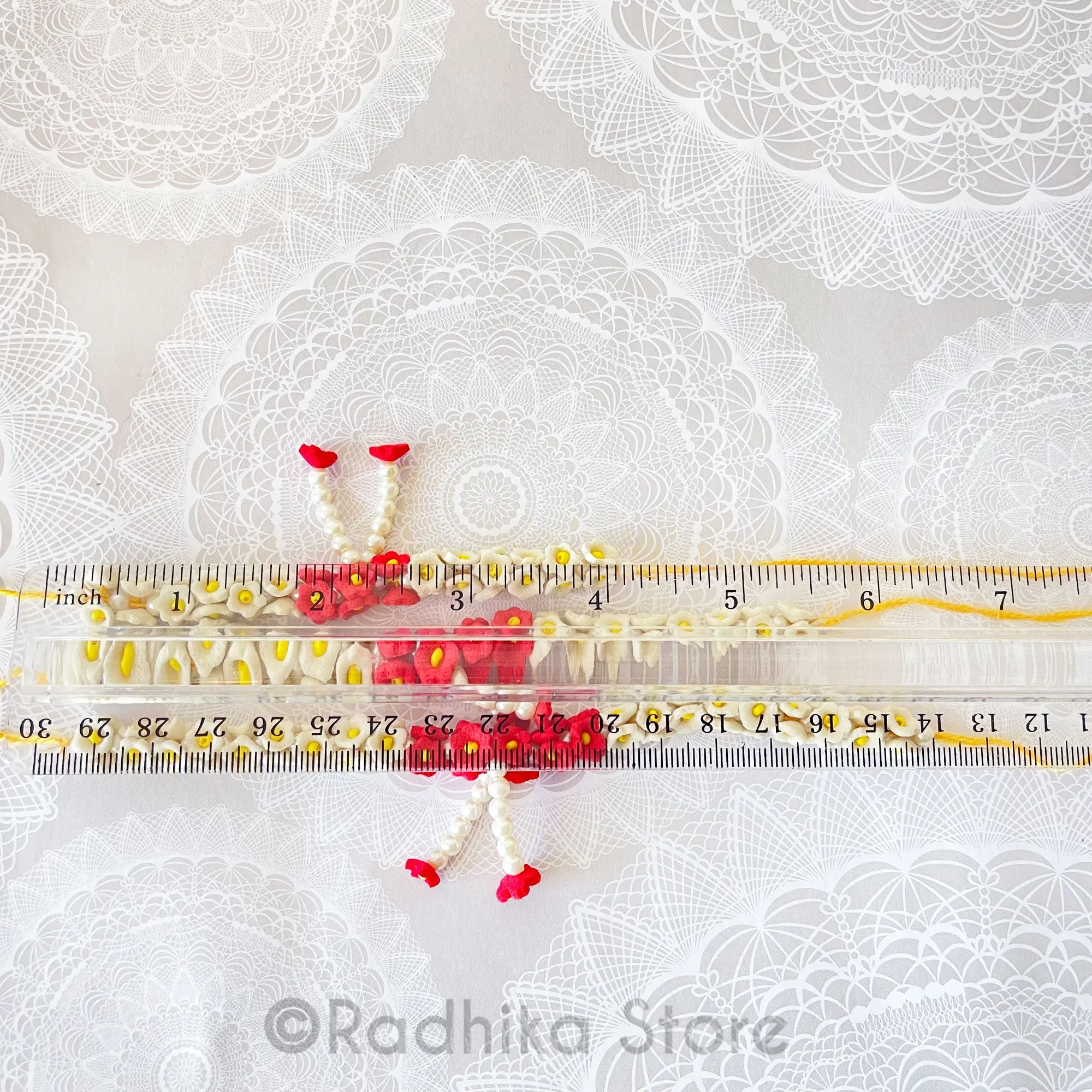 Cream White And Red With Yellow Center - Deity Garland -Flower Jewelry - Choose Size -