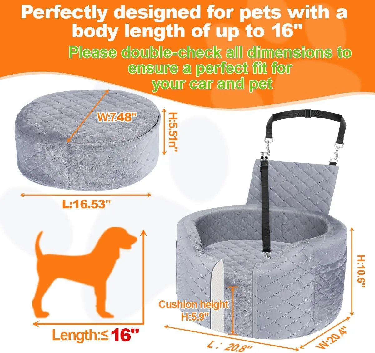 Dog Booster Car Seats for Small Medium Dogs, Fits Dogs Under 19", 28D High-Density Memory Foam with Waterproof Cover, Pet Travel Bed with Storage Pockets, Blanket, Dog Safety Belt