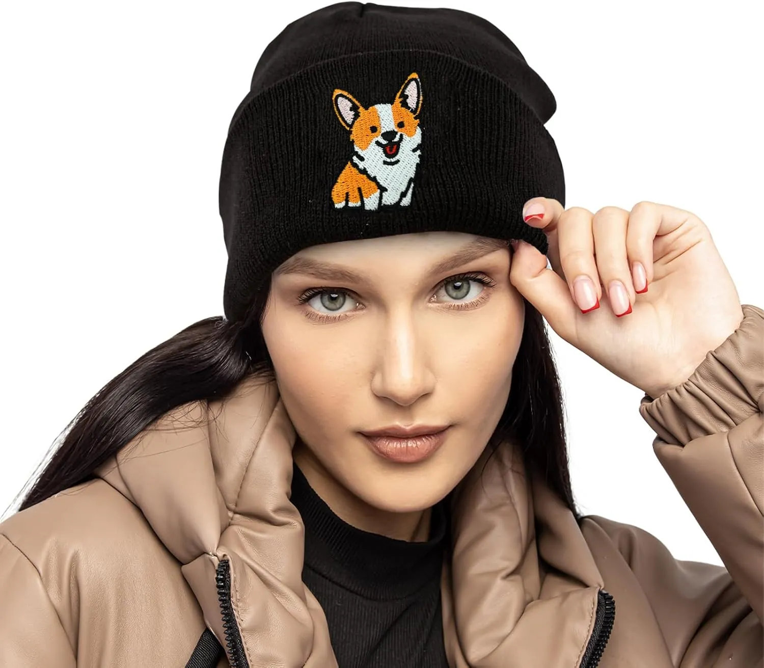 Dog Embroidery Beanie Hat Unisex Knit Cuffed Cap Women Men Gift