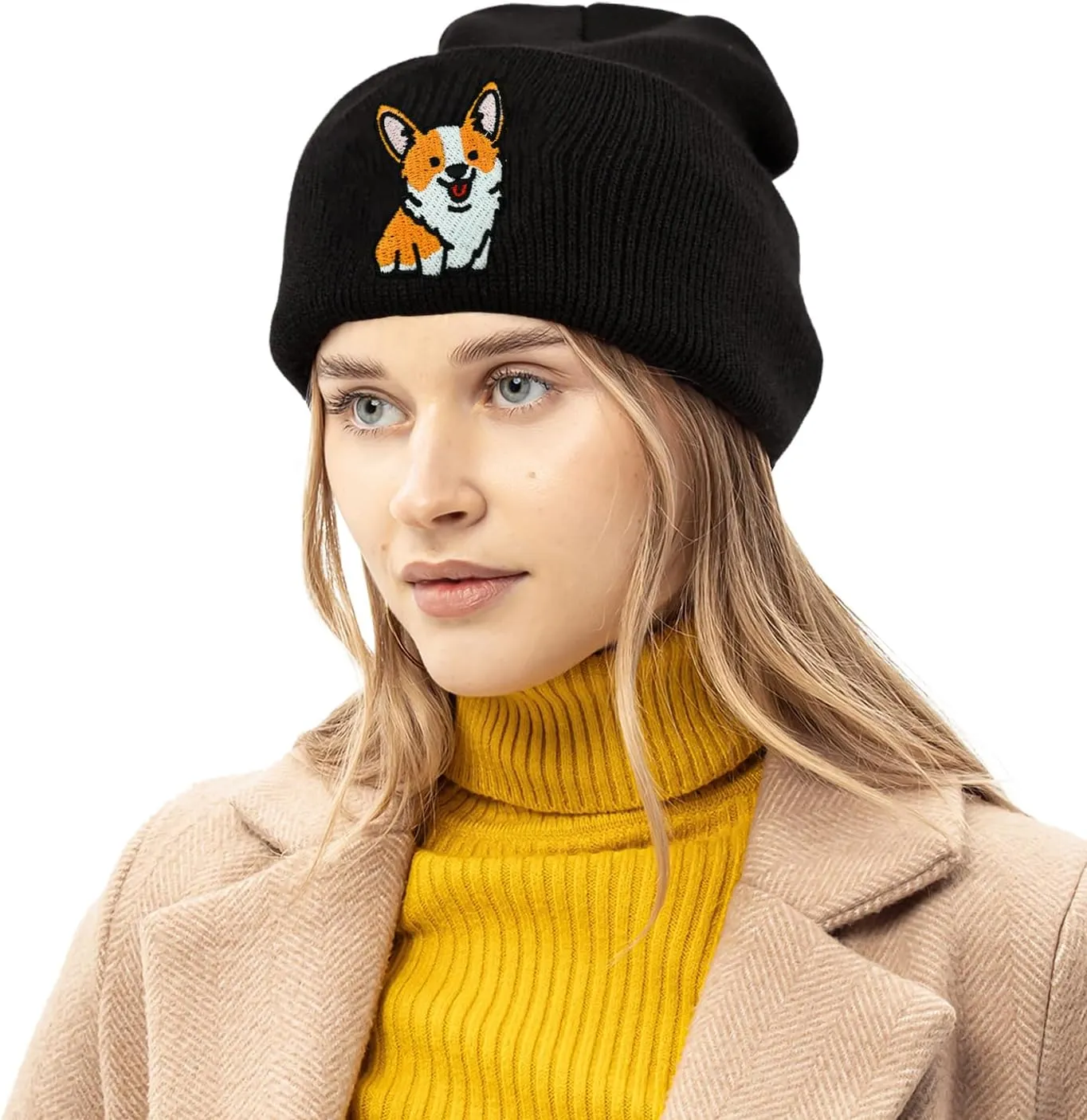 Dog Embroidery Beanie Hat Unisex Knit Cuffed Cap Women Men Gift