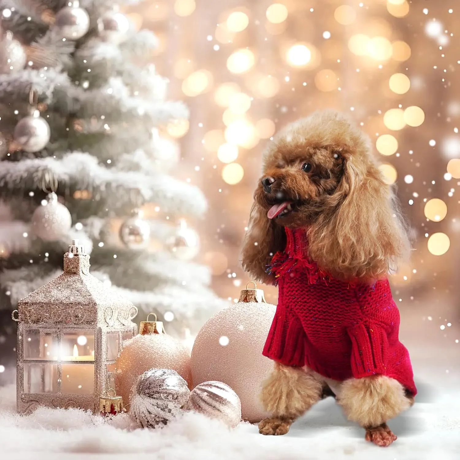 Dog Sweaters, Puppy Turtleneck Sweater, Dog Halloween Christmas Sweater, Knitted Jumper for Small Medium Dogs, Pet Wool Knitwear with Tassel and Blue Bows, Warm Dog Costume(Red, Medium)