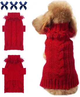 Dog Sweaters, Puppy Turtleneck Sweater, Dog Halloween Christmas Sweater, Knitted Jumper for Small Medium Dogs, Pet Wool Knitwear with Tassel and Blue Bows, Warm Dog Costume(Red, Medium)