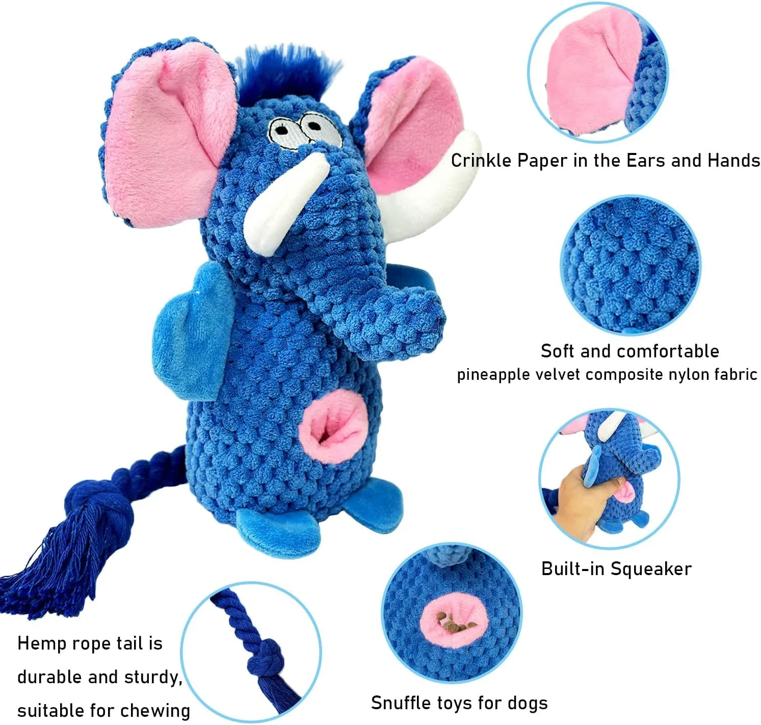 Dog Toys Puppy Toys Cute Pet Toys Squeaky Elephant Dog Toy with Crinkle Paper Plush Dog Stuffed Animals Chew Toy with Cotton Rope Dog Toys to Keep Them Busy for Small Medium Large Dogs (Blue)