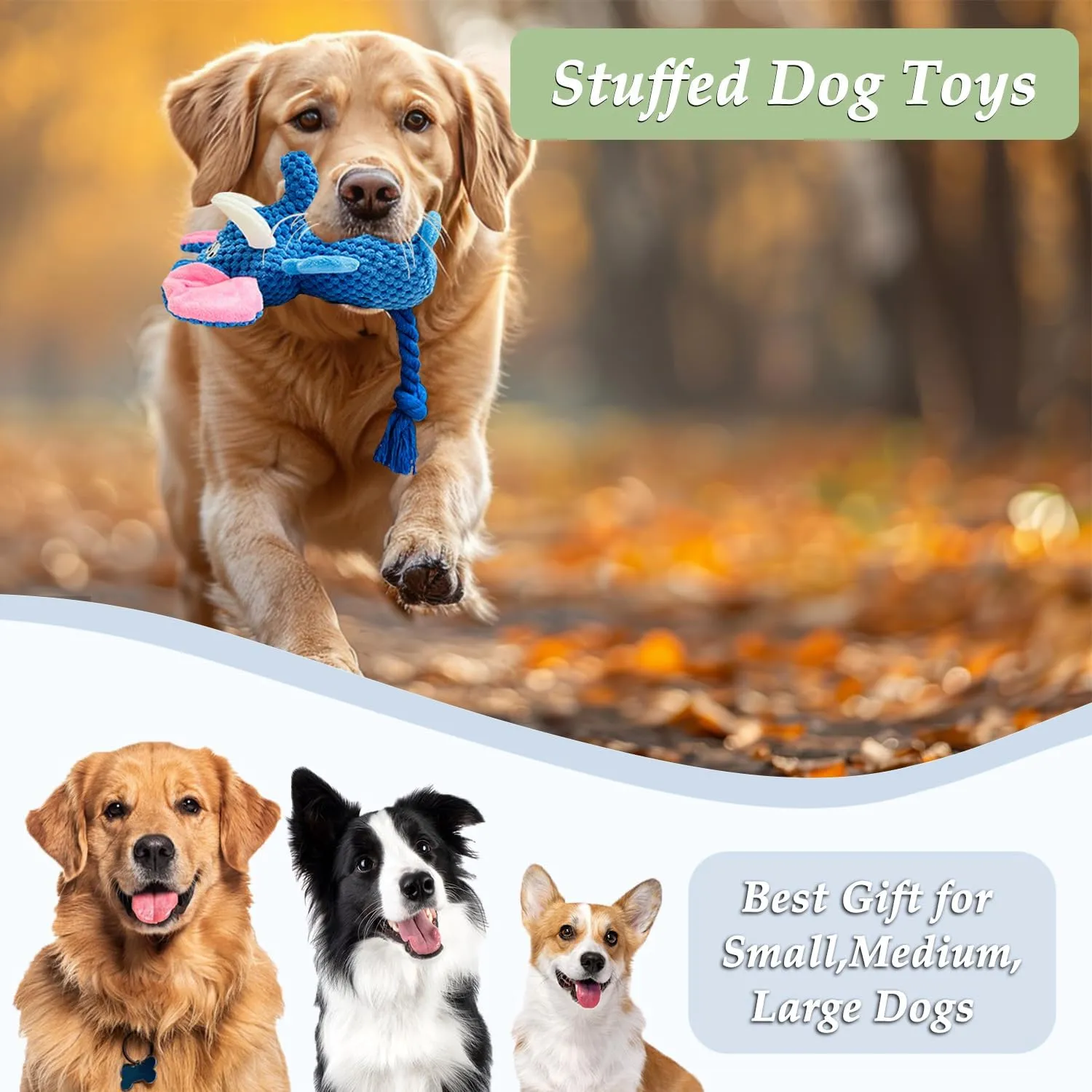 Dog Toys Puppy Toys Cute Pet Toys Squeaky Elephant Dog Toy with Crinkle Paper Plush Dog Stuffed Animals Chew Toy with Cotton Rope Dog Toys to Keep Them Busy for Small Medium Large Dogs (Blue)