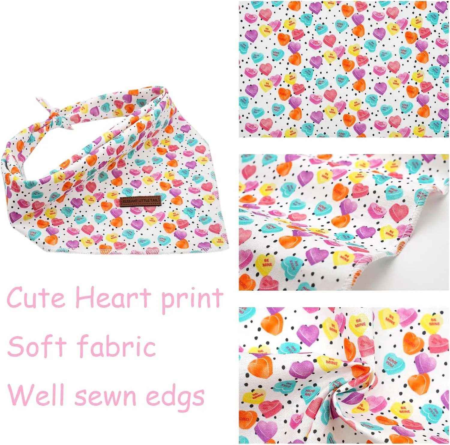 Elegant little tail Dog Bandana, Valentine's 1PC Washable Dog Scarf Female or Male Square Dog Bib Kerchief Scarf Adjustable Pet Bandana for Medium Large Dogs