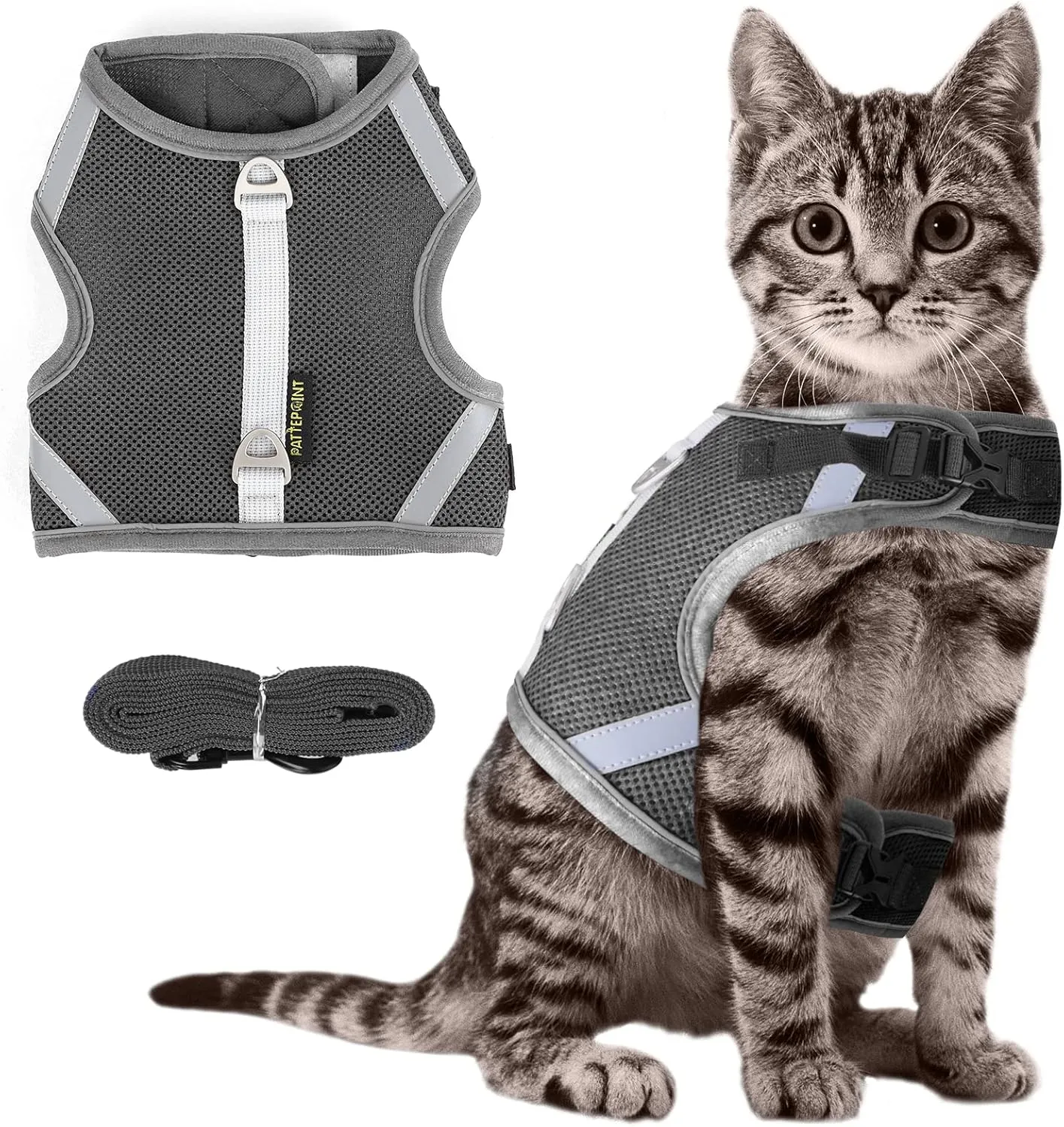 Escape Proof Mesh Cat Harness and Leash Set, Adjustable Walking Jacket Vest for Extra Kittens, Full-Edge Reflective Strips Provide Protection for Cats Walking at Night (XS Grey)