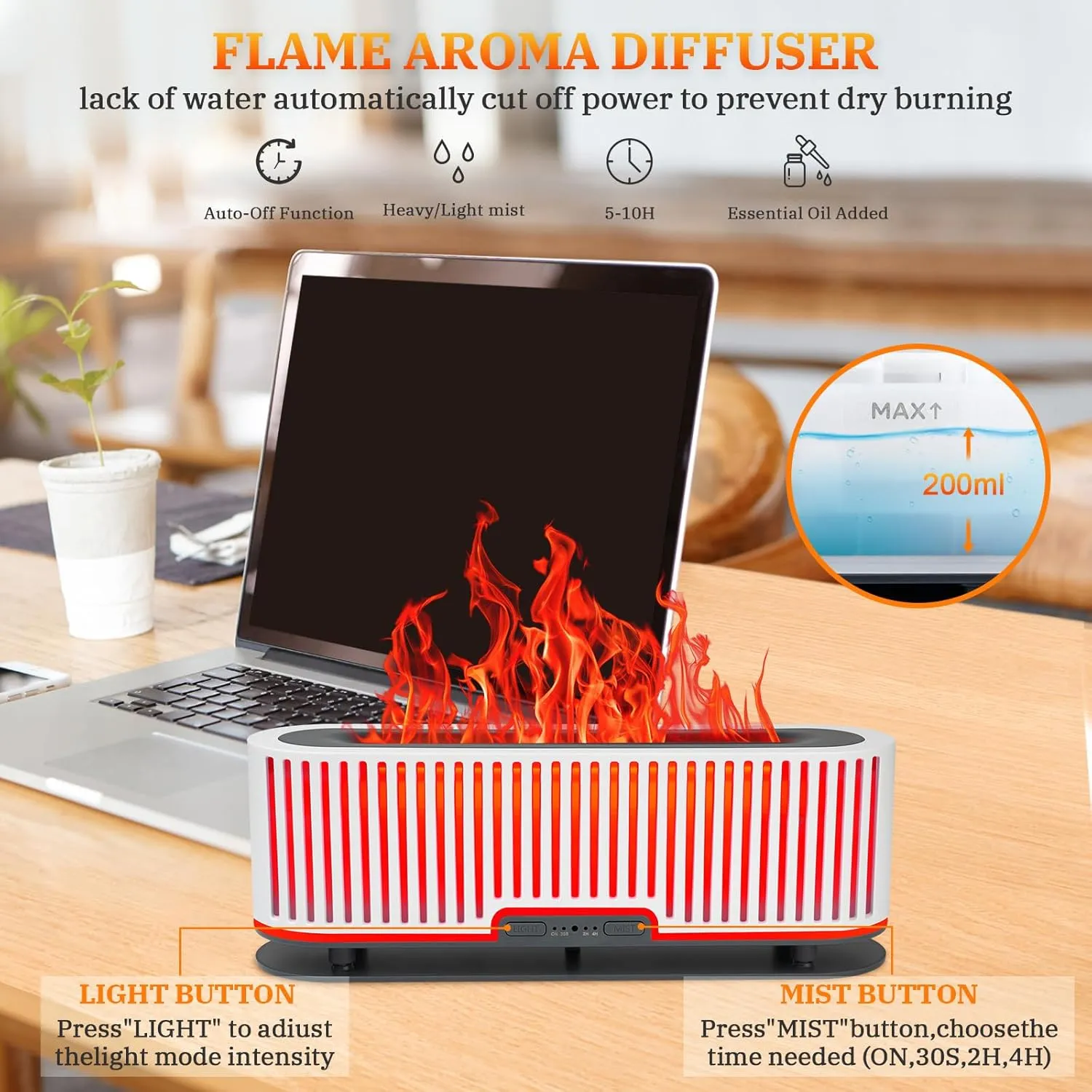 Essential Oil Diffusers, Flame Air Diffuser, 200ml Aromatherapy Diffuser with 2 Mist Mode 4 Timer Up & Waterless Auto-Off Protection for Bedroom Home, Office(White)
