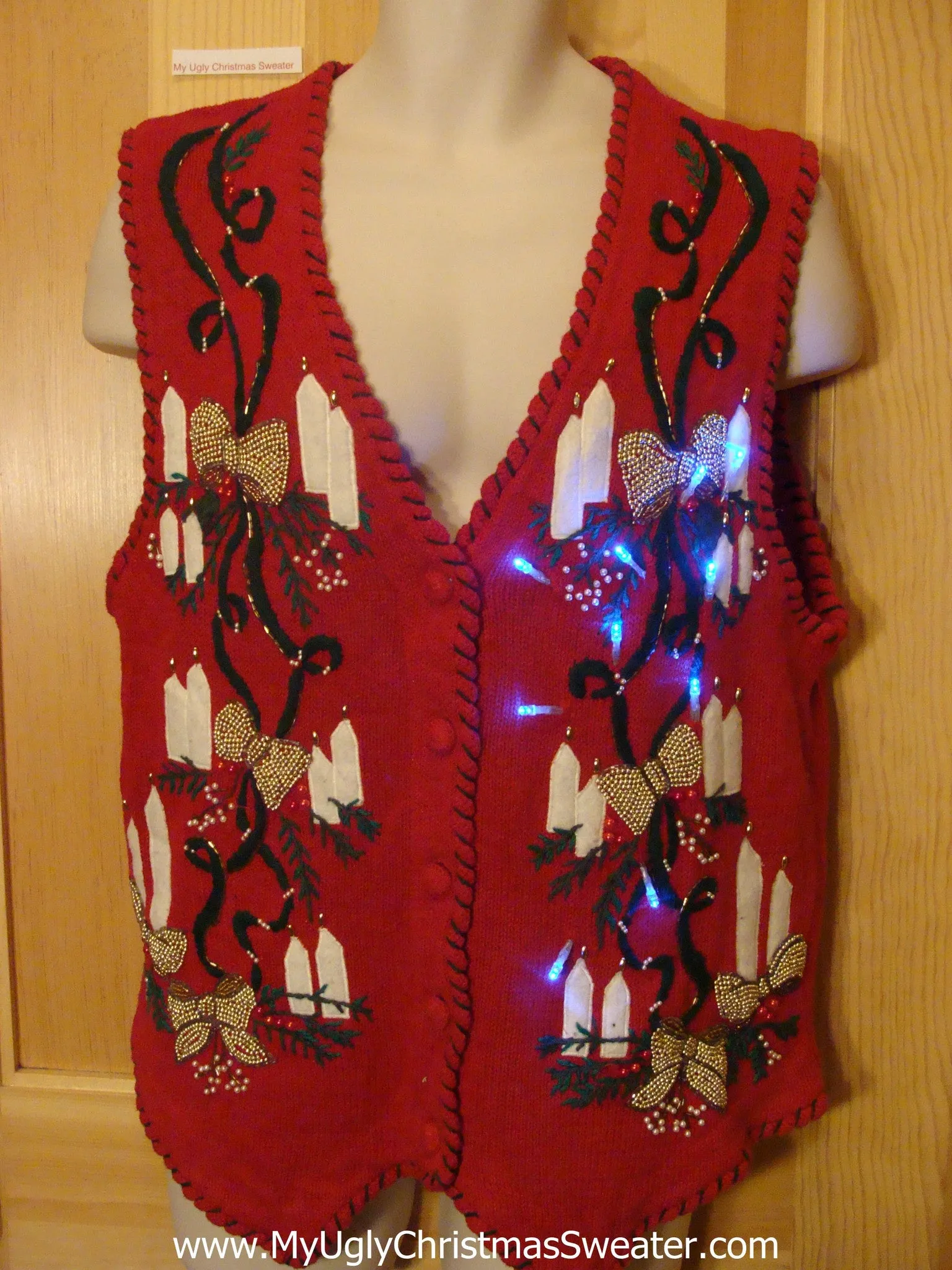 Funny Christmas Sweater Vest with Lights Candles Gold Bows