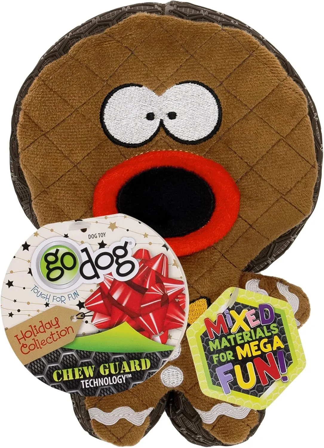 goDog Holiday Collection Mixed Materials TPE-Plush Gingerbread Man Squeaky Dog Toy, Chew Guard Technology - Brown, One Size